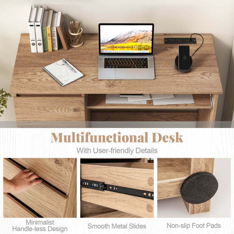 Latitude Run Computer Desk With Power Outlet Keyboard Tray 3 Large Drawers Type c Usb Ports Natural Wayfair